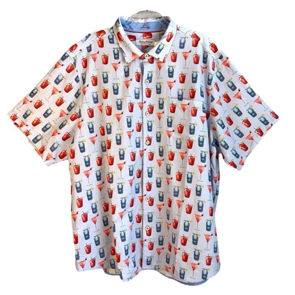 Tommy Bahama Mens 2XLT Red White Cheers Short Sleeve‎ Camp Button Shirt NWT